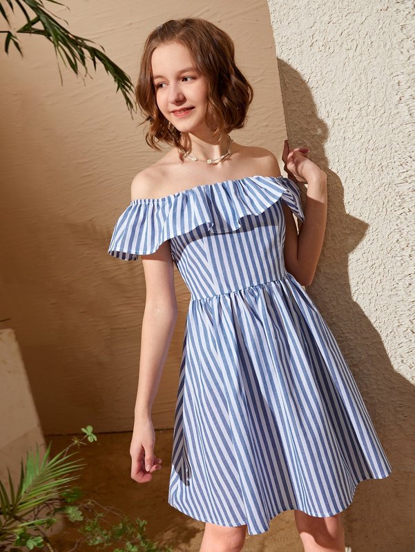 Teen Girls Ruffle Off Shoulder Striped Pattern Dress SHE