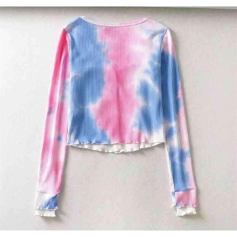 Women Knitted False 2pcs Tie dye Cropped Cardigan Sweater Vintage V neck Exposed navel Short Knitwear Long sleeve Jumper Tops 210429