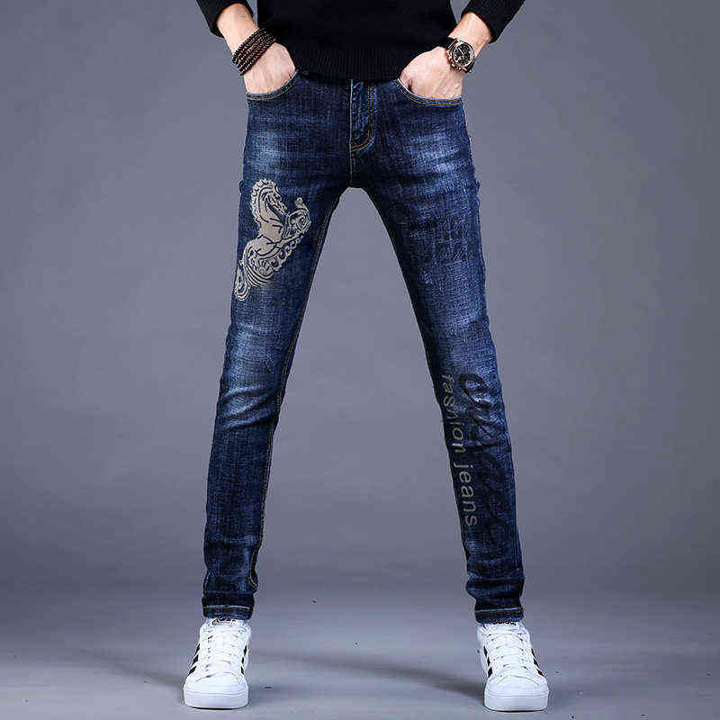 Mens Stylish Printing Denim Pants,Slim-fit Washed Casual Jeans,High Quality Elastic Denim Jeans,Young Boys Fashion Must; 211120