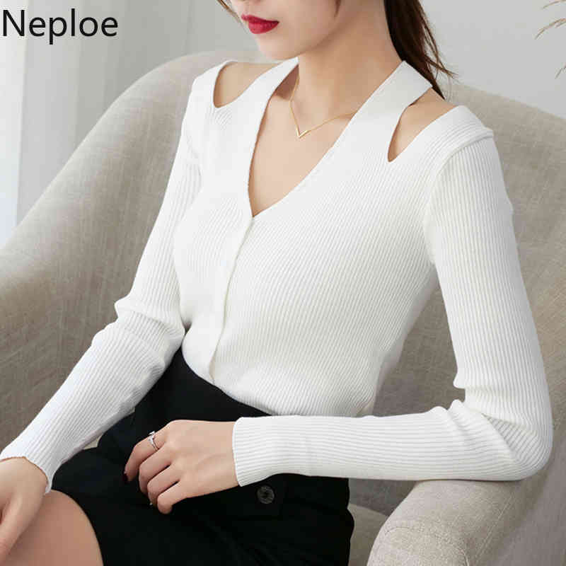 Neploe Off Shouder Halter Sweater Women Sexy V-neck Knitted Black Cardigan Korean Chic Sueter Slim Long Sleeve Sueter Tops 4G381 210422