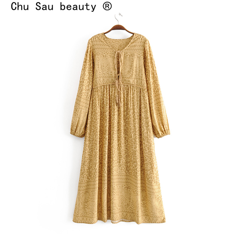 beauty Fashion Boho Style Leopard Print Maxi Dress Women Holiday Chic Tie Tassel Loose Dresses Female Beachwear 210514