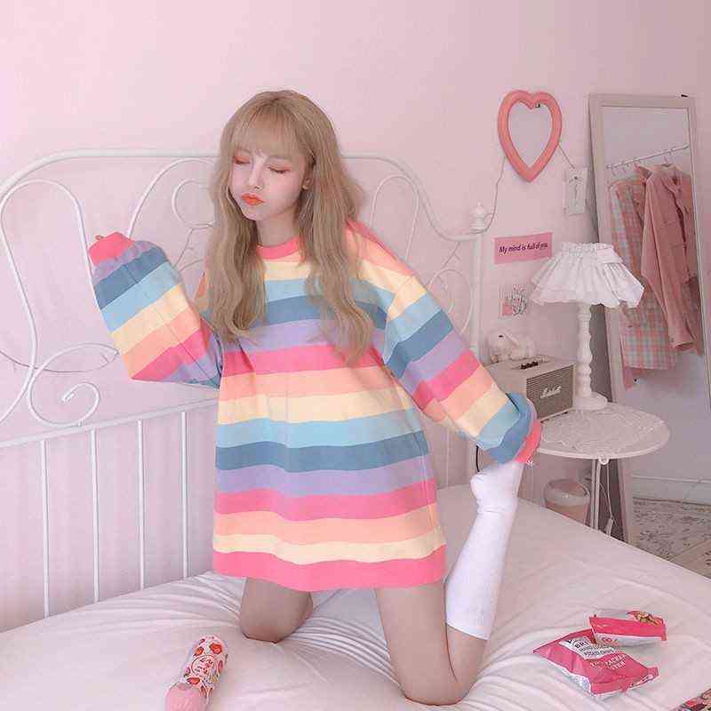 Harajuku Style Kpop Striped Loose Sweatshirt Women Spring Long Sleeve Pullover Kawaii Clothes Colorful Rainbow Student Girl Tops 211108