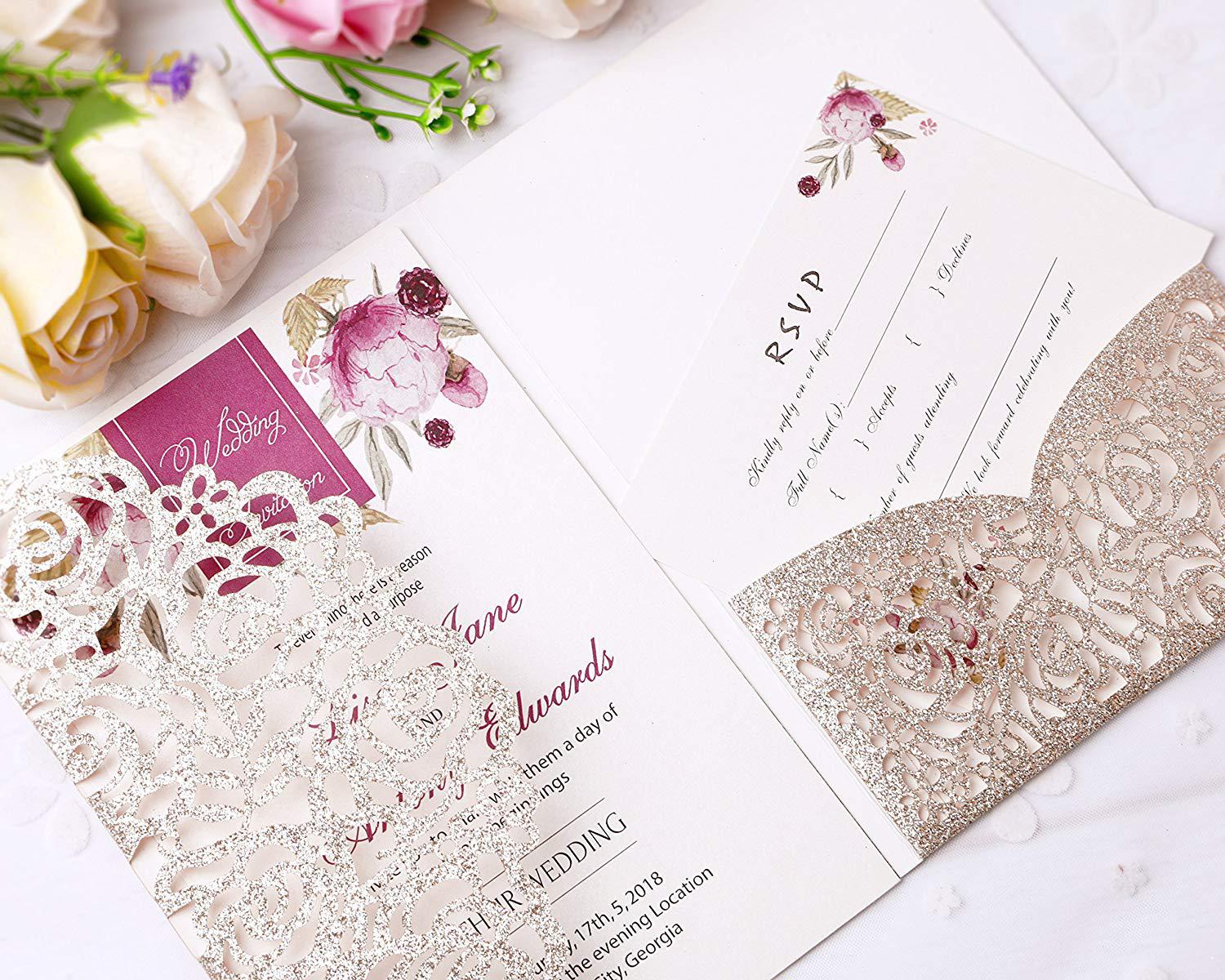 2021 New Wedding Gold Glitter Invitations Cards With Burgundy Ribbons For Wedding Bridal Shower Engagement Birthday Graduation Invite