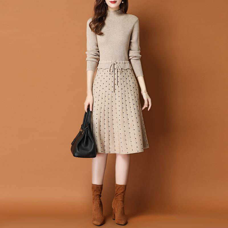 Chic Long Knit patchwork Women dot printed Sweater Dress Thick Warm Winter Dress Female Rib Turtleneck A Line Dress Office Lady 210729