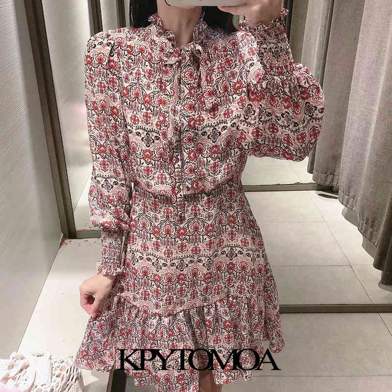 Women Fashion With Bow Tied Printed Ruffled Mini Dress Long Sleeve Side Zipper Female Dresses Vestidos 210420
