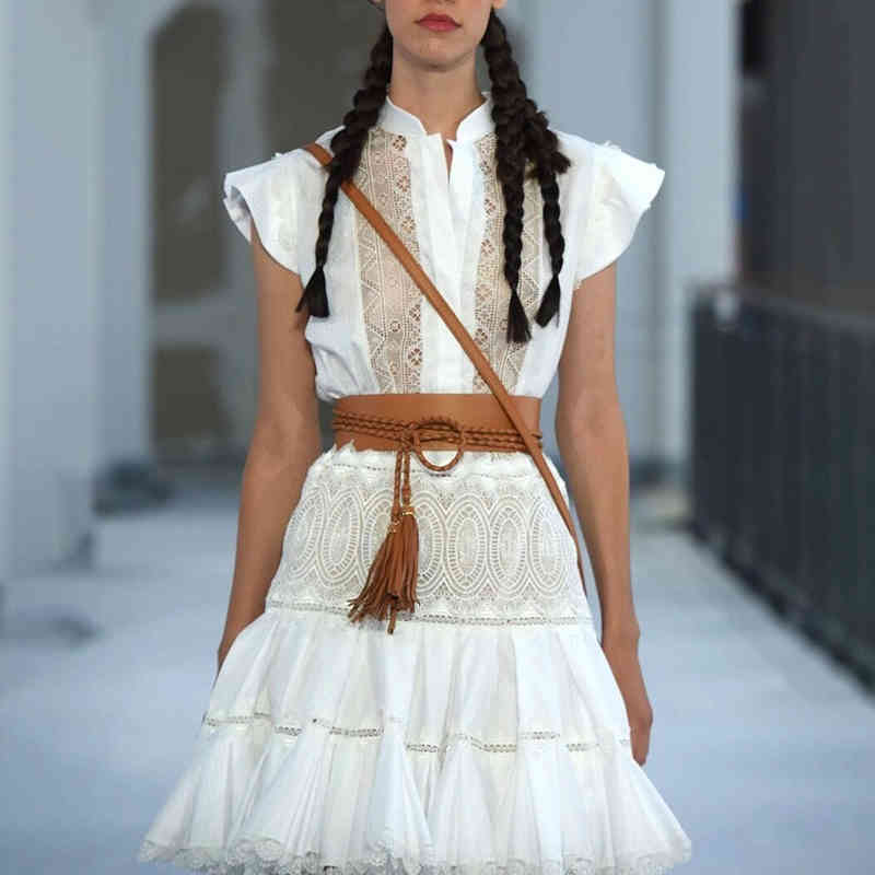 VGH Patchwork Lace White Dress For Women Stand Collar Sleeveless High Waist Sashes Midi Dresses Female Fashion Clothing 210421