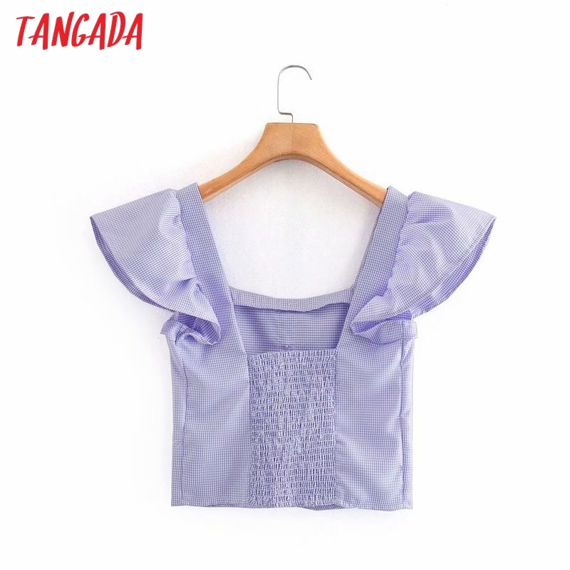 Women Retro Plaid Crop Ruffles Short Sleeve Summer Chic Female Slim Shirt Tops 4Y02 210416