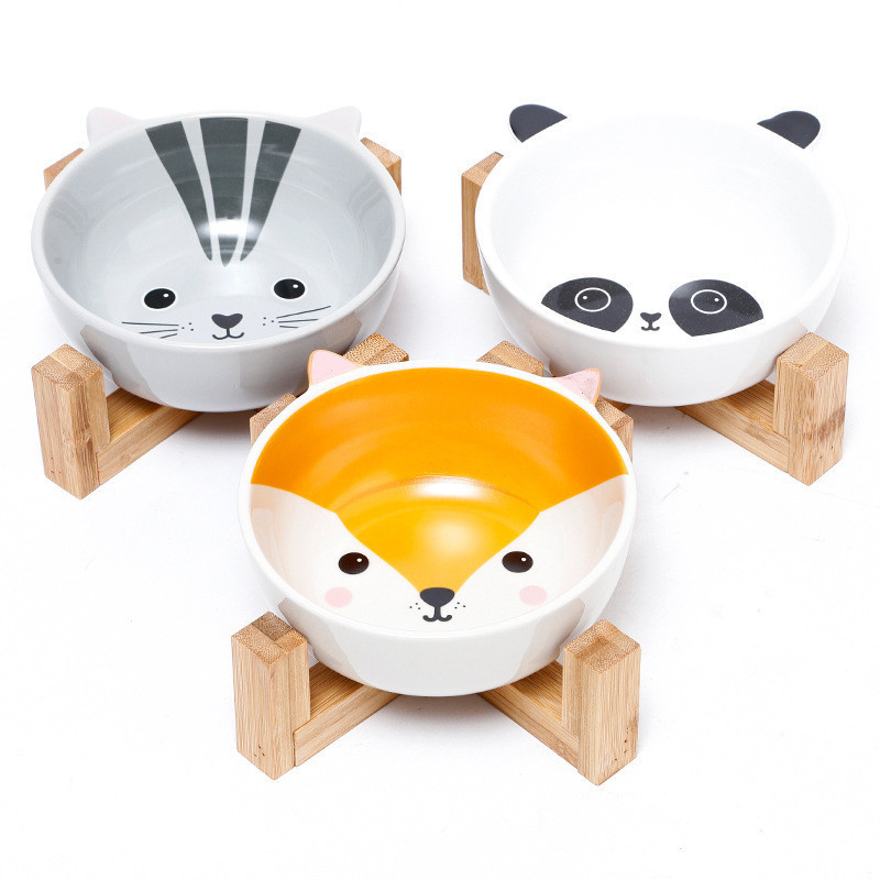 Cute Animal Pets Bowl Dog Cat Food Water Feeder Puppy Ceramic Drinking Dish Bowl with Wooden Rack Pet Cat Accessory
