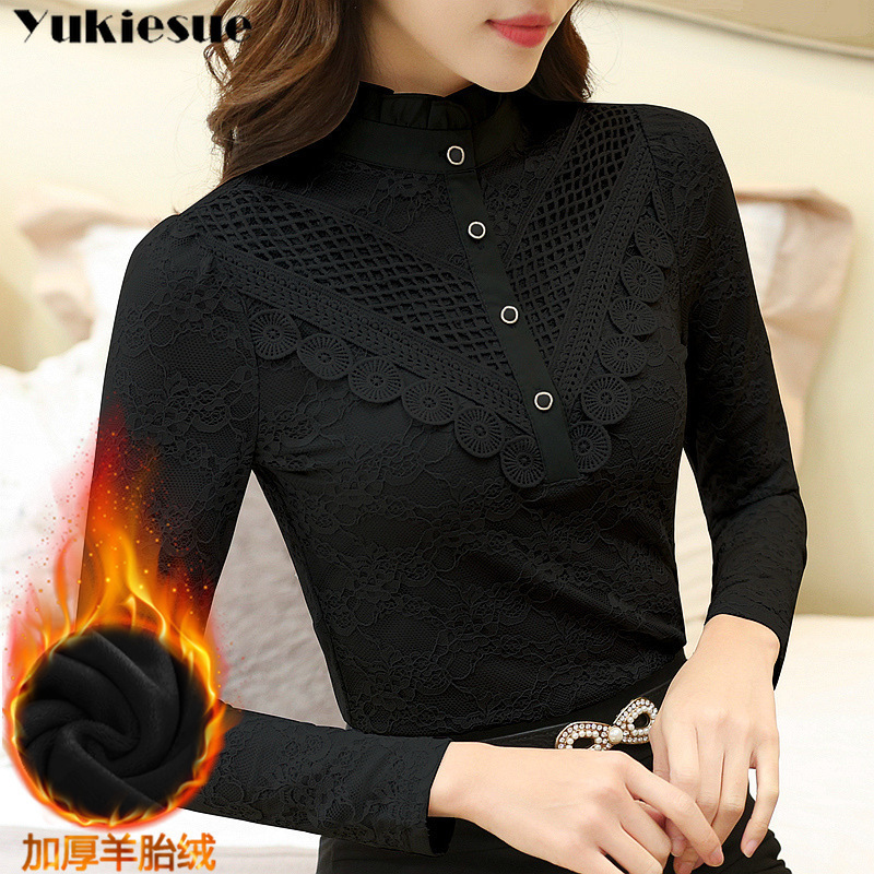 Casual winter Autumn High Collar ruffless Lace Blouses Women Ladies Tops Lace Women Blouses Long Sleeve Shirt plus size 3XL 210401