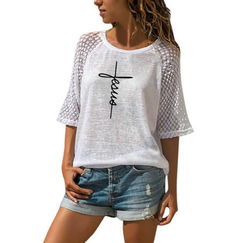 Fashion Lace Crew Neck T-Shirt Faith Letters Print T-Shirt For Women T-Shirt Women Plus Size Female Tumblr Funny Summer Tops 210406