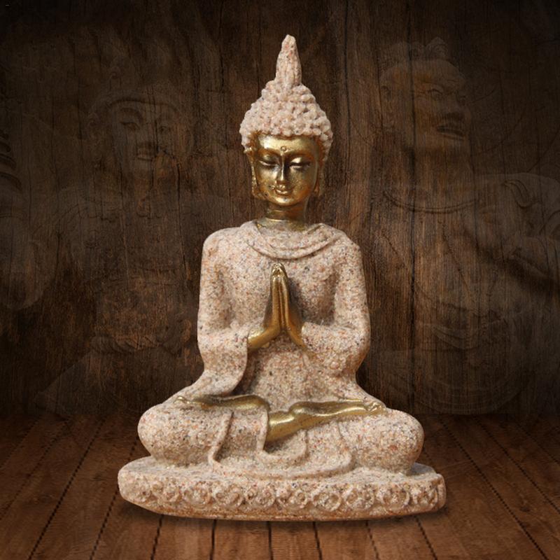 Sandstone Sitting Buddha Sculpture Handmade Figurine Meditation Miniatures Ornament Statue Home 210414