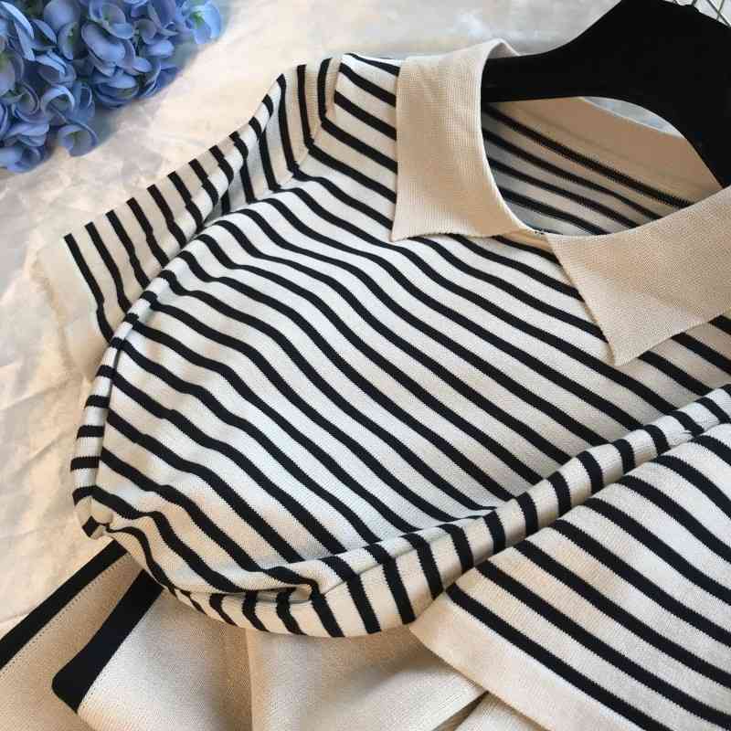 Two Piece Set Women Summer Lce Silk Knitted Striped Short Sleeve T Shirts+Stretch Waist Full Length Pants 210520