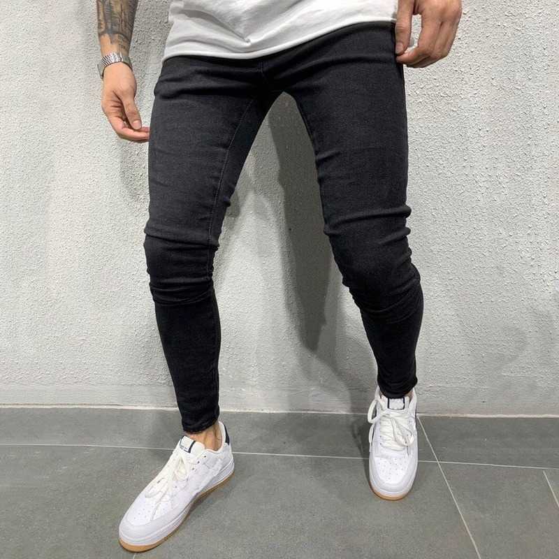Puimentiua Jeans Men Elastic Waist Skinny Stretch Ripped Pants Streetwear s Denim Blue 211011