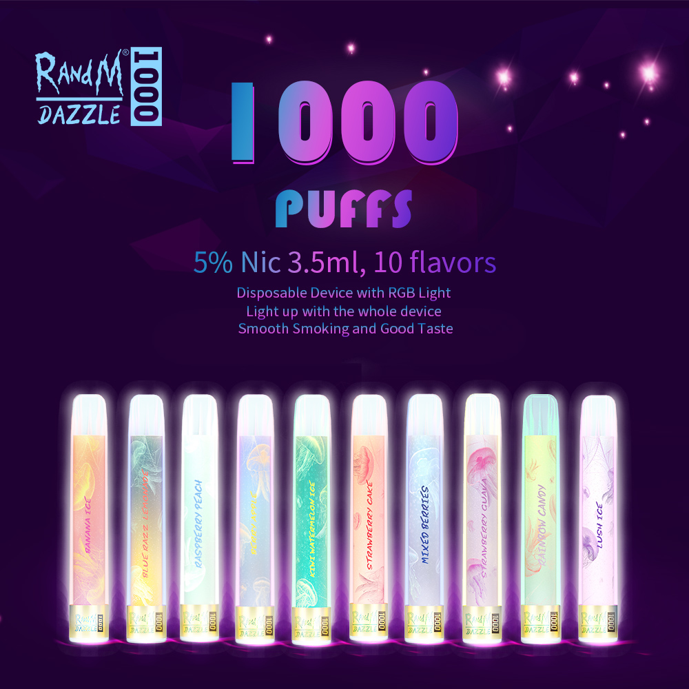 Original RandM Electronic Atomizer Dazzle 1000 Puffs Cigarette Vape Pen pod kit LED Light 10 Flavors Available Disposable E-cigarette Vaporizer Wholesale
Original RandM Electronic Atomizer Dazzle 1000 Puffs Cigarette Vape Pen pod kit LED Light 10 Flavors Available Disposable E-cigarette Vaporizer Wholesale