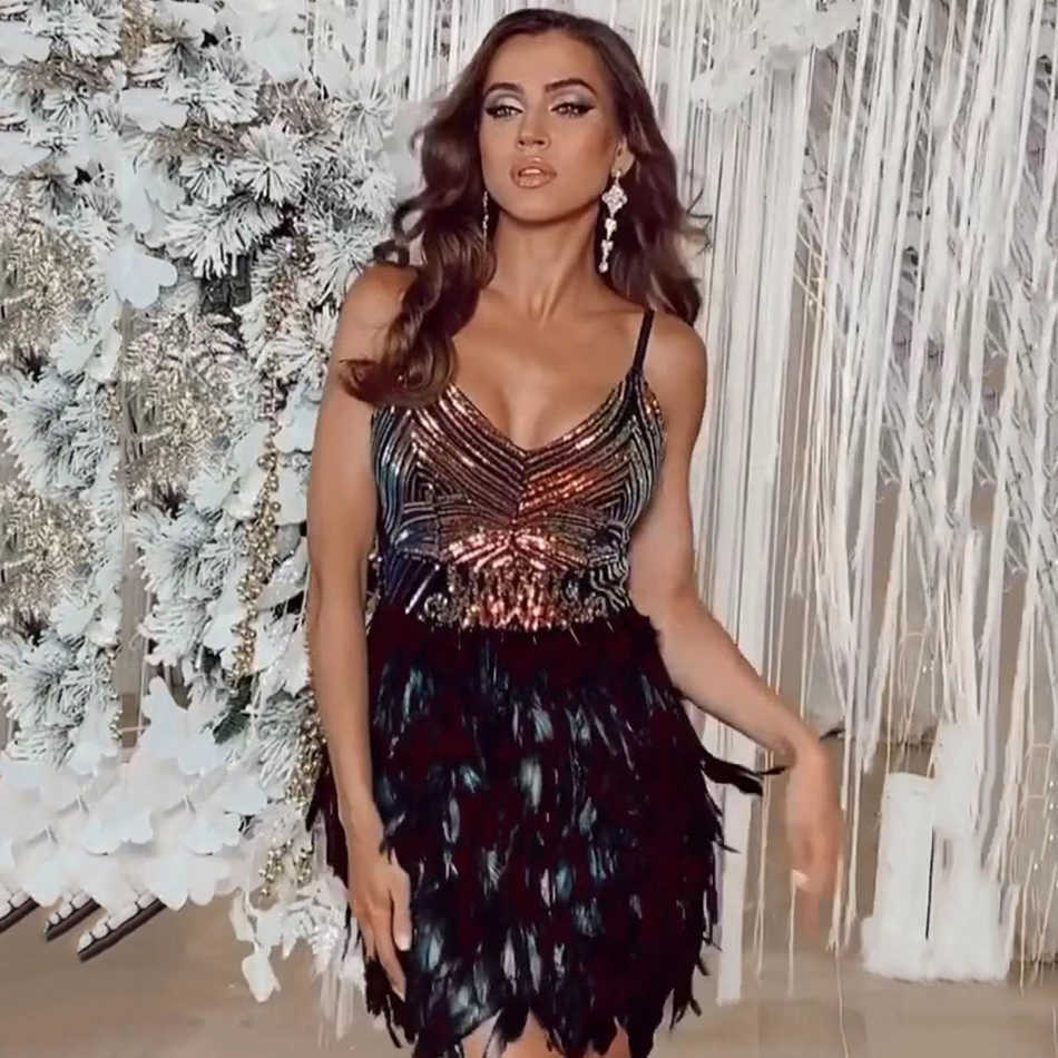 Summer Women'S Spaghetti Belt Feather Mini Dress Sexy V-Neck Sequin Party Celebrity Runway Club 210527