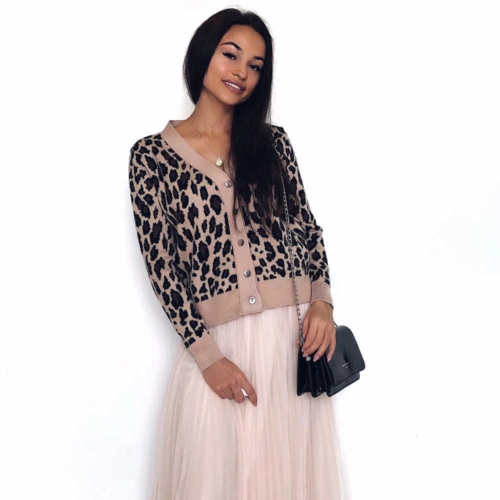 Spring Autumn Vintage Leopard Print Women Knitted Sweater V-Neck Buttons Short Cardigan Casual Female Ladies Outwear C-202 210914