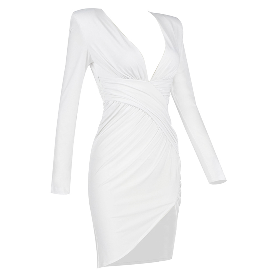 Summer Women's Club Party Tight Dress Sexy V-neck Long Sleeve Draped Fashion White Mini Celebrity Runway 210525