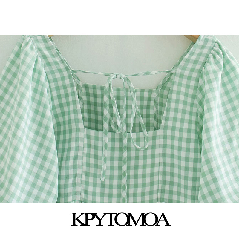 Women Sweet Fashion Back Tied Plaid Mini Dress Square Collar Short Sleeve Female Dresses Vestidos Mujer 210420