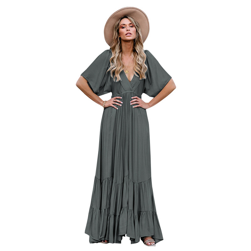 Women Dress V Neck Short Sleeve Bohemian es Ruffles Large Hem Maxi High Waist Loose Plus Size Beach es 210524