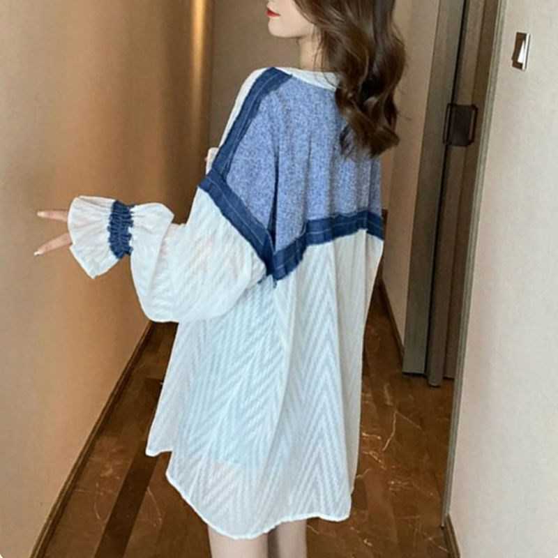 Big Size Korean Spring/summer Casual Denim Stitching Shirt Women's Loose Chiffon Long-sleeved Thin 210615