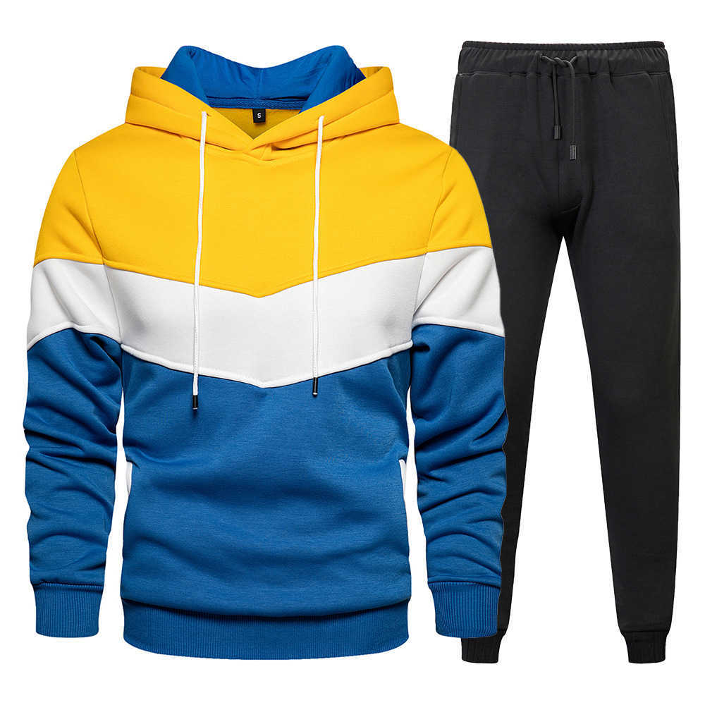 Men's Tracksuit autumn winter Patchwork Hooded hoodie Sweatshirt+2piece Sweatpants Male Polyester Track Suit Streetwear 210603