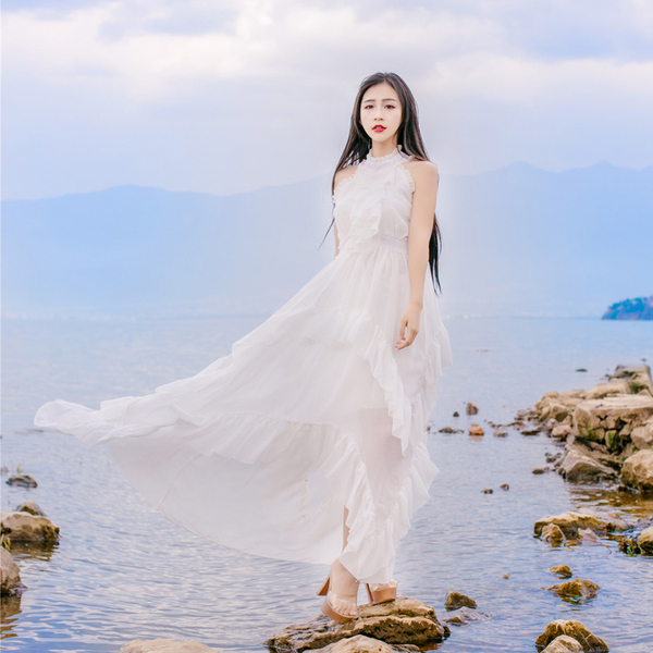 Bohemian Summer Women Holiday Beach Maxi Dress Sexy Off Shoulder Chiffon Ruffles Red Irregula Big Swing Long 210506