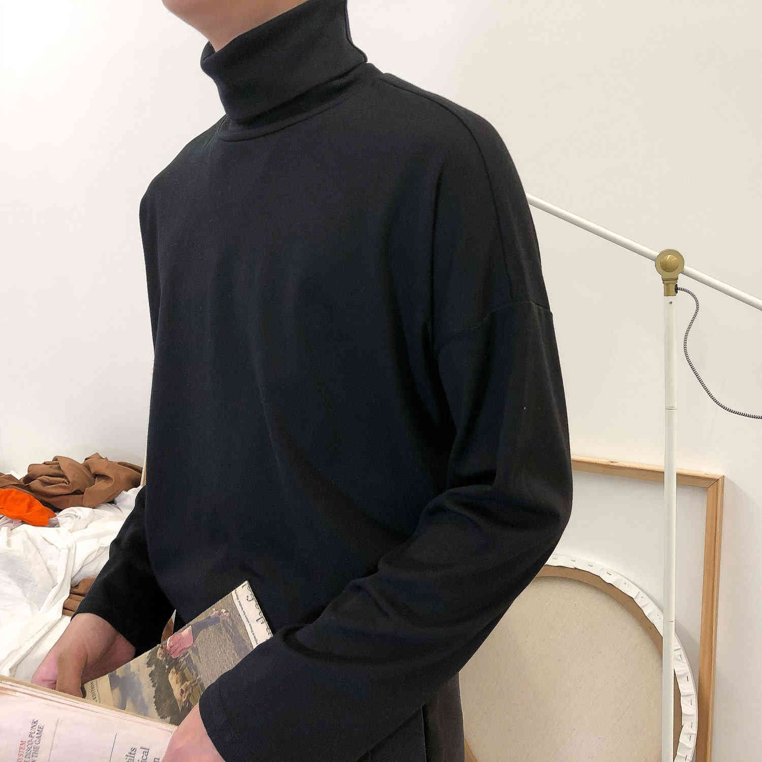 IEFB / men's and women's wear spring Solid Color all-match Long Sleeve High collar t-shirt for male simple 9Y1212 210524