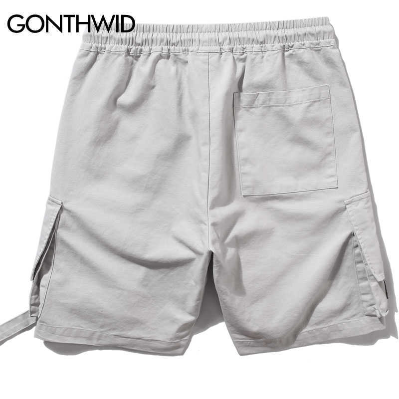 GONTHWID Side Buckle Multi Pockets Cargo Shorts Mens Fashion Casual Short Trousers Streetwear Hip Hop Elastic Waist Pants 210714