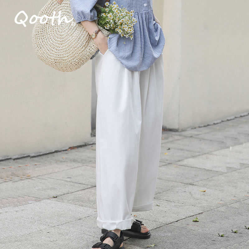 Qooth Wide-Leg Straight Solid Casual Pant's Summer All-Match Fashion Multi-color Office Lady Trendy QT685 210609