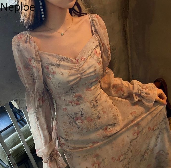 Neploe Floral Print Dress Women Sexy V Neck Puff Sleeve Ladies Vestidos Summer Elegant Slim Waist Female Dresses 1B110 210409