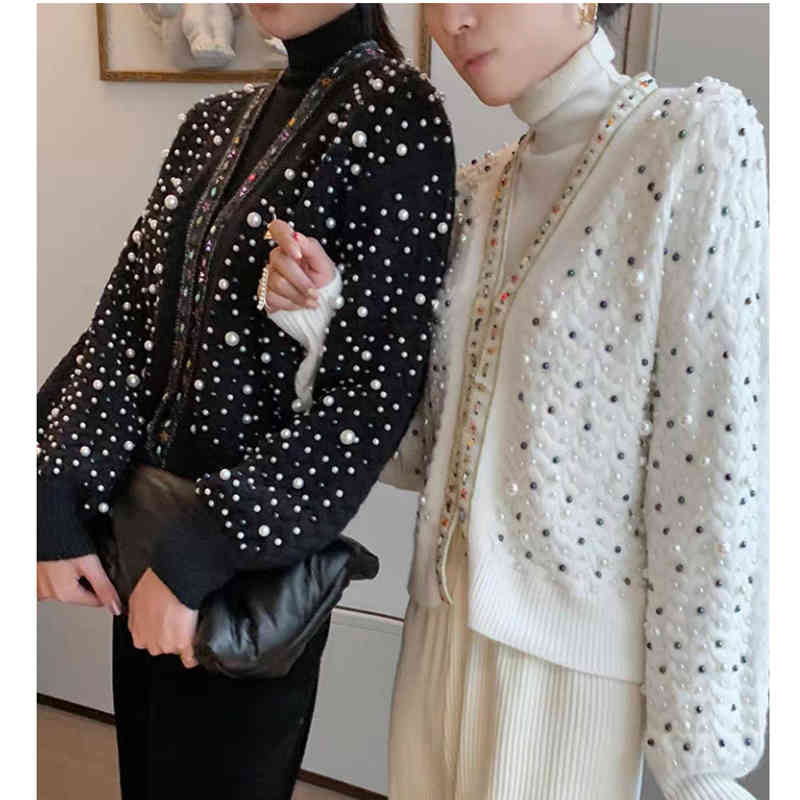 Female Runway Sweater Elegant Knitted Coat Autumn Winter Clothes Loose Pearl Beading Casual Cardigans Women Tops C-036 210522