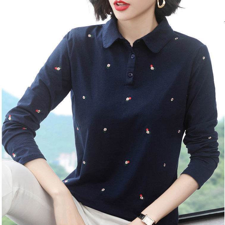 Cotton Long Sleeve T-shirts Women Spring Fashion Lapel Button Floret Embroidery Thin Polo Tshirt Ladies Loose Bottoming Tops 210522