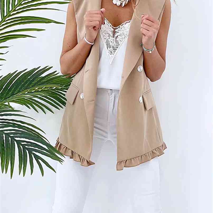 SLMD Stylish Chic Khaki Ruffles Double Breasted Vest Coat Women Fashion Pockets Waistcoat Female Casual Outfitsar 210915