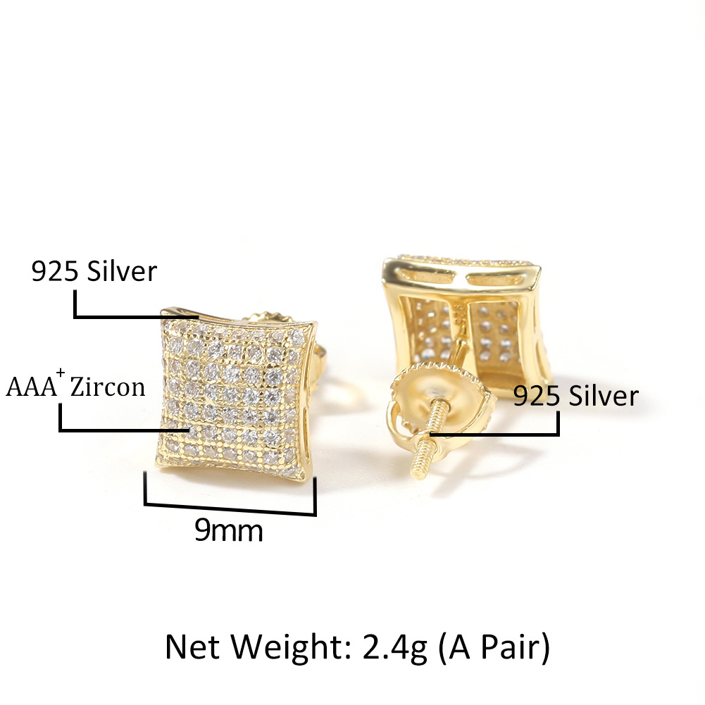 Real Gold Plated 925 Sterling Silver Stud Earring Hip Hop Cubic Zirconia Square Heart Love Polygon Earrings Studs for Men Women Bling Diamond Rapper J
