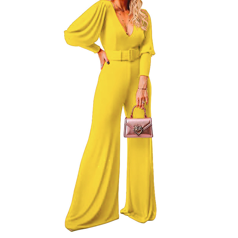 Women Jumpsuit V Neck Lantern Sleeve Rompers s High Waist Belt Wide Leg s Spring Summer 210524