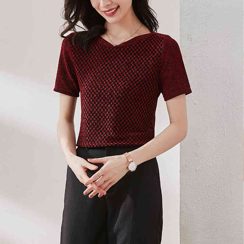 Summer Shirt Women O Neck Slim Wild Knitted Blouse for Short Sleeve Gold and Silver Ladies Tops Clothes 9444 50 210508
