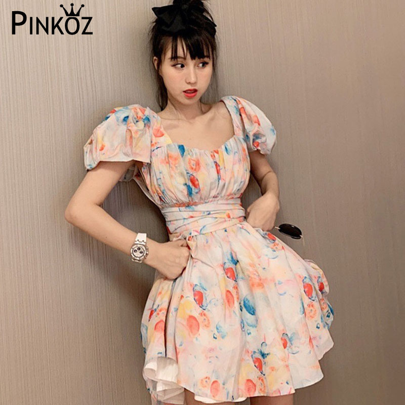 fashion young girl printed mini dress high waist puff sleeve vintage Victorian style French dresses retro sweet 210421