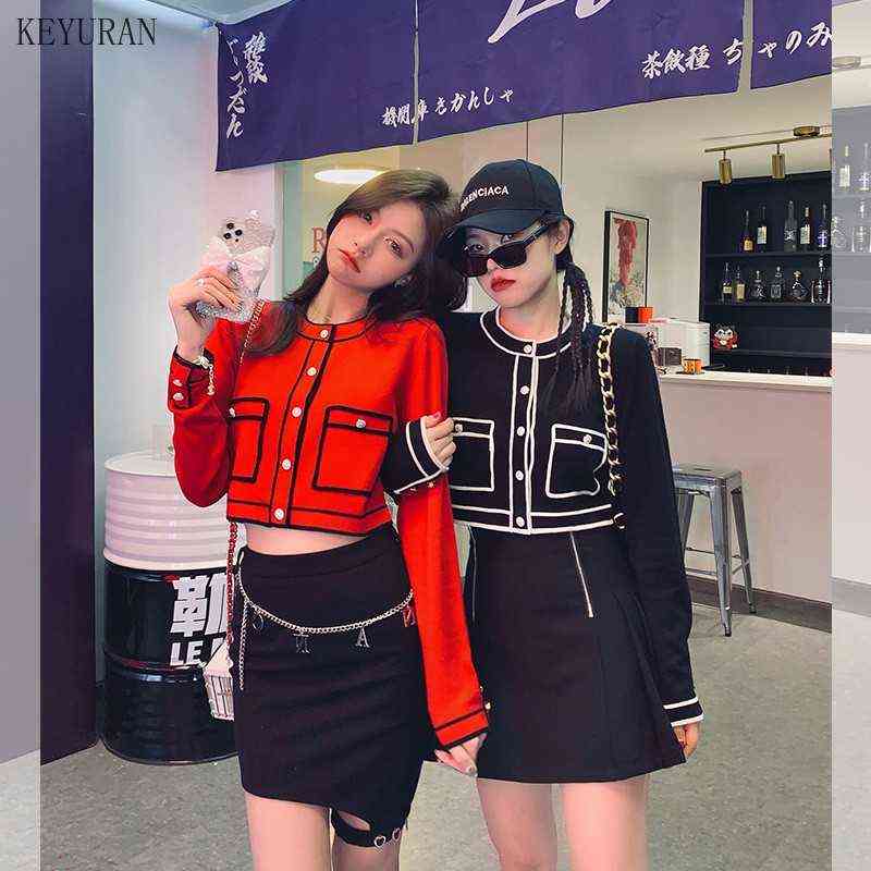Runway Sweater Cardigan Women Spring Round neck Single Breasted Pink/Red Knitted Jacket Ladies Elegant Knitting Outwear Top 211109