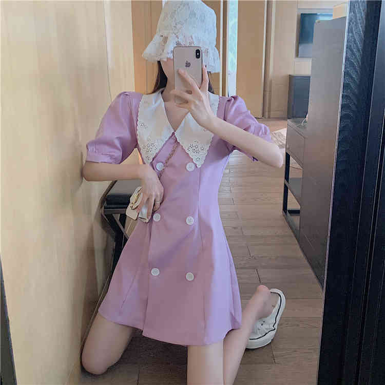 Summer Women Purple Dress Turn down collar Short Sleeves Double-breasted Mini Vestidos Office Lady Wearing 210519