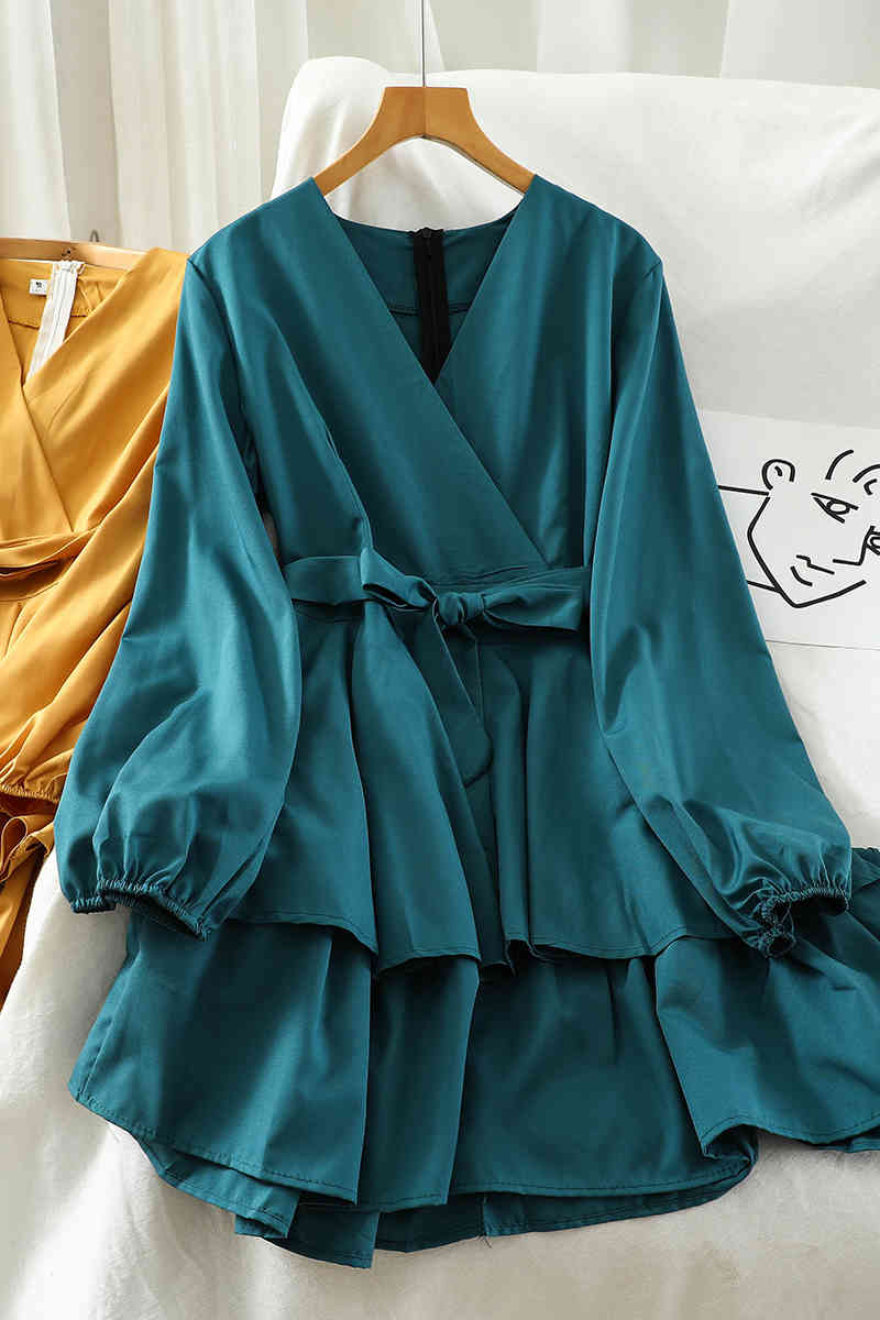 Vintage Women A-line Shirt Dress Autumn Casual High Waist Bow Belted Female Pleated Ruffle Dresses Vestito Da Donna 210519