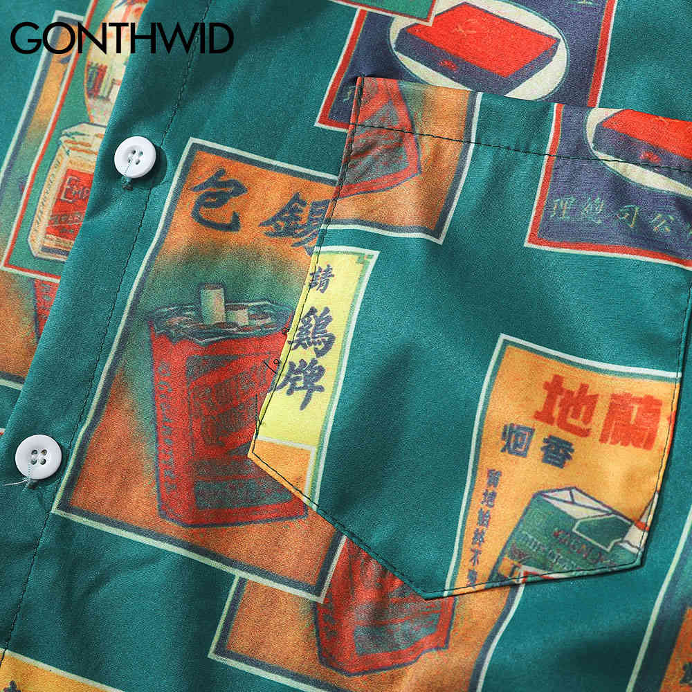 GONTHWID Hawaiian Beach Shirts Harajuku Vintage Poster Print Long Sleeve Aloha Party Holiday Shirt Mens Casual Button Down Tops 210410