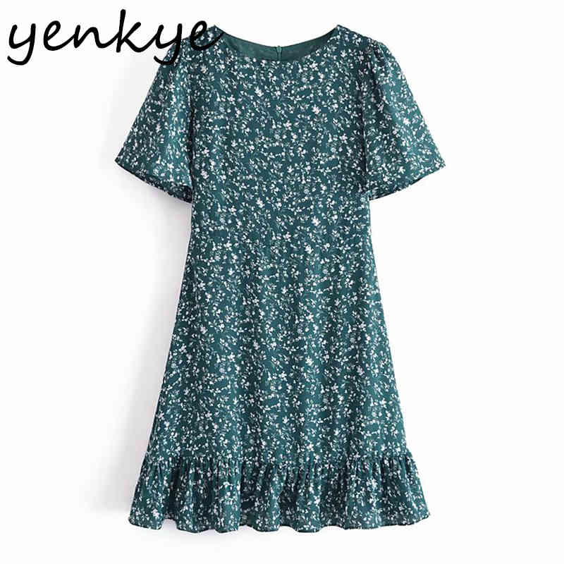 Vintage Green Floral Print Dress Women O Neck Short Sleeve A-line Holiday Summer Chiffon Ruffle Vestido 210430
