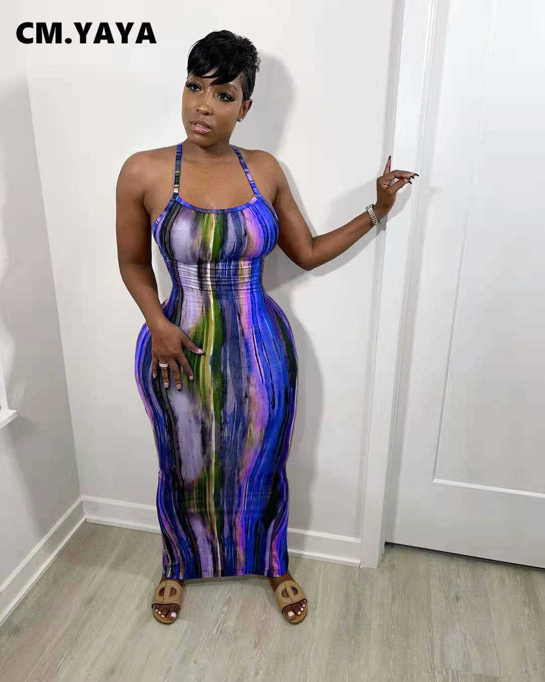 CM.YAYA Tie Dye Print Halter Open Back Maxi Dress For Women Bodycon Sleeveless Splited Pencil Midi Long Dresses Summer 210623