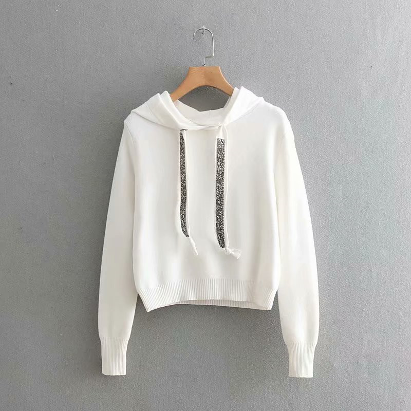 Evfer Women Autumn Fashion Diamond Drawstring Solid Knitted Hoodies Female Casual Long Sleeve High Elastic Knitwear Hooded Tops 210421