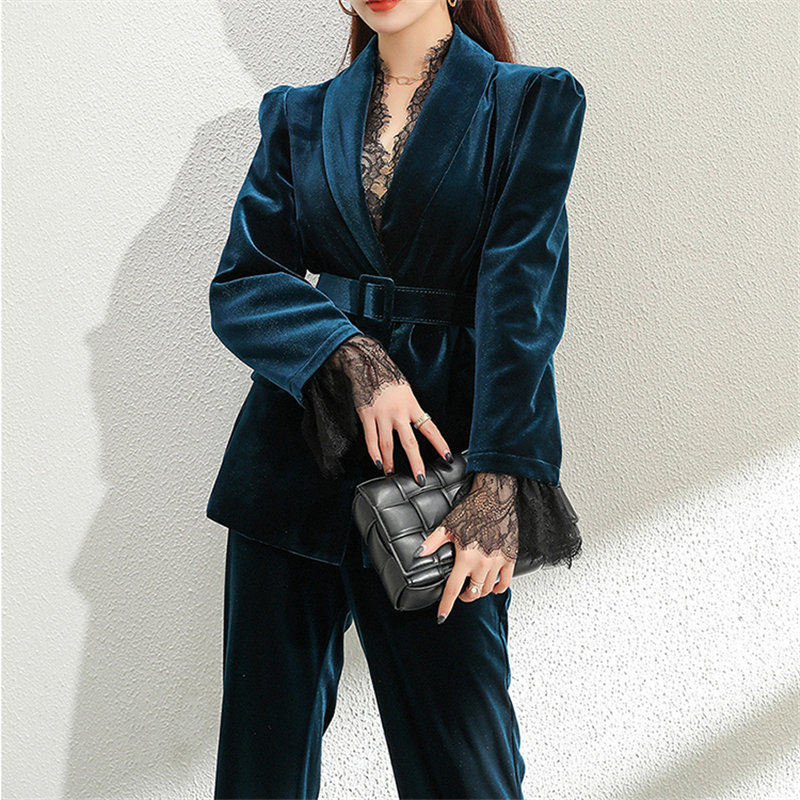 Autumn Femme All Match Fashion Plus Size Vintage Office Lady Outwear OL Chic Gentle Velvet Suits 2 Pieces Sets 210421