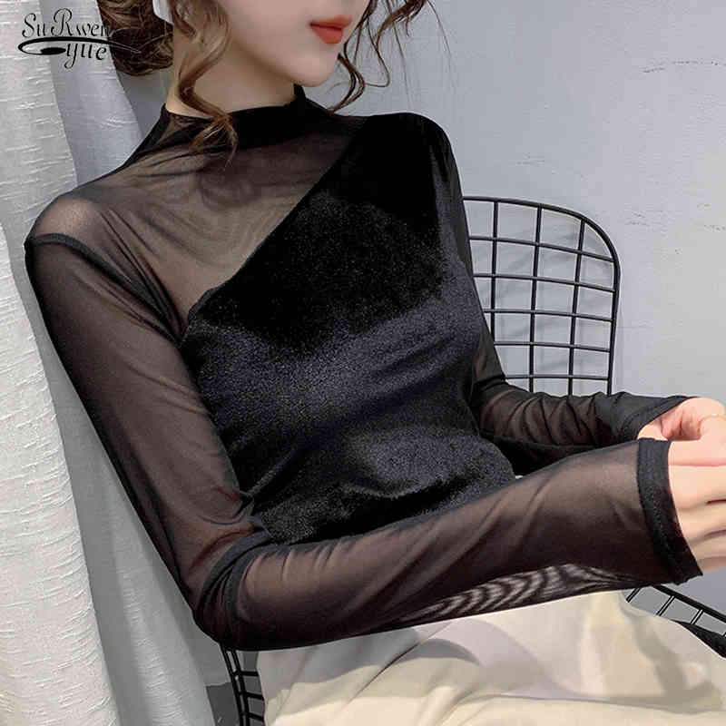 Winter Fashion Bottoming Shirt Mesh Splicing Tops Slim Long Sleeve Half Turtleneck Pullover Solid Shirts Blusas 11415 210521, Black
Winter Fashion Bottoming Shirt Mesh Splicing Tops Slim Long Sleeve Half Turtleneck Pullover Solid Shirts Blusas 11415 210521, Black