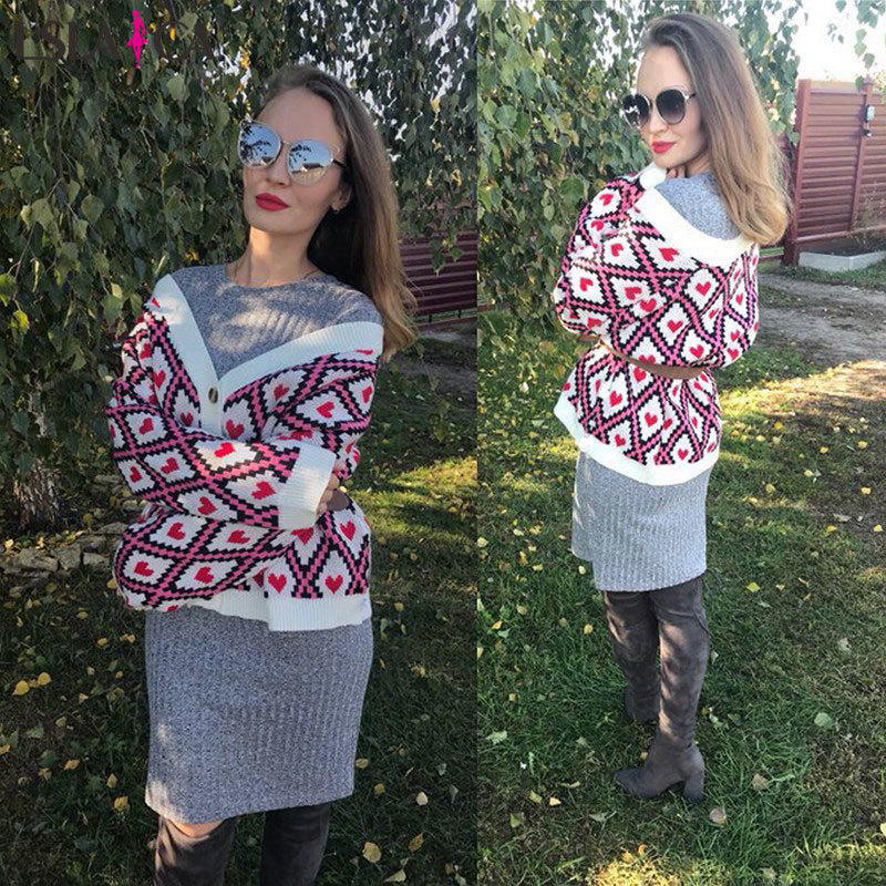 Love pattern knit cardigan temperament commuting threshold four buttons decorative women's sweater bottoming shirt Vestidos 210515