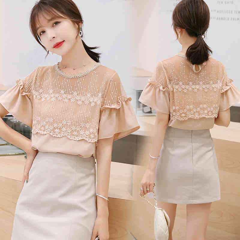 Korean Style Fashion Summer Women Blouses Floral Women's O-Neck Spliced Lace Shirts Ladies Tops Sweet Shirt 8611 50 210510