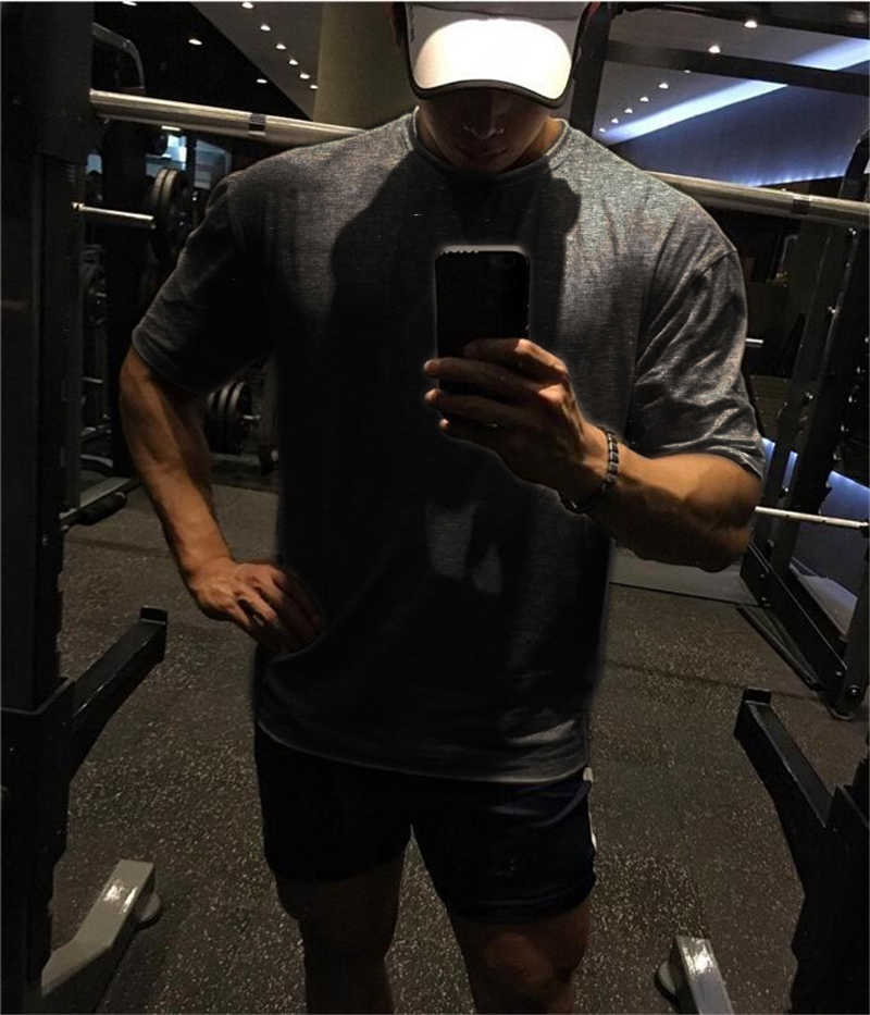 Men's Oversized T shirt Solid Color Gym Clothing Bodybuilding Fitness Loose Sportswear T-shirt Streetwear Hip-Hop Tshirt 210629