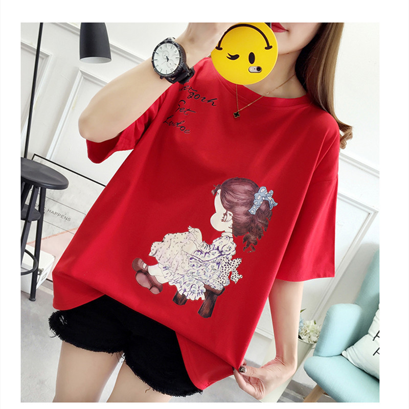 Short Sleeve Simple Cotton black red Tshirt Lady Plus Size Women's Loose Cartoon T-shirt Youth Cotton Casual Tshirt 210406